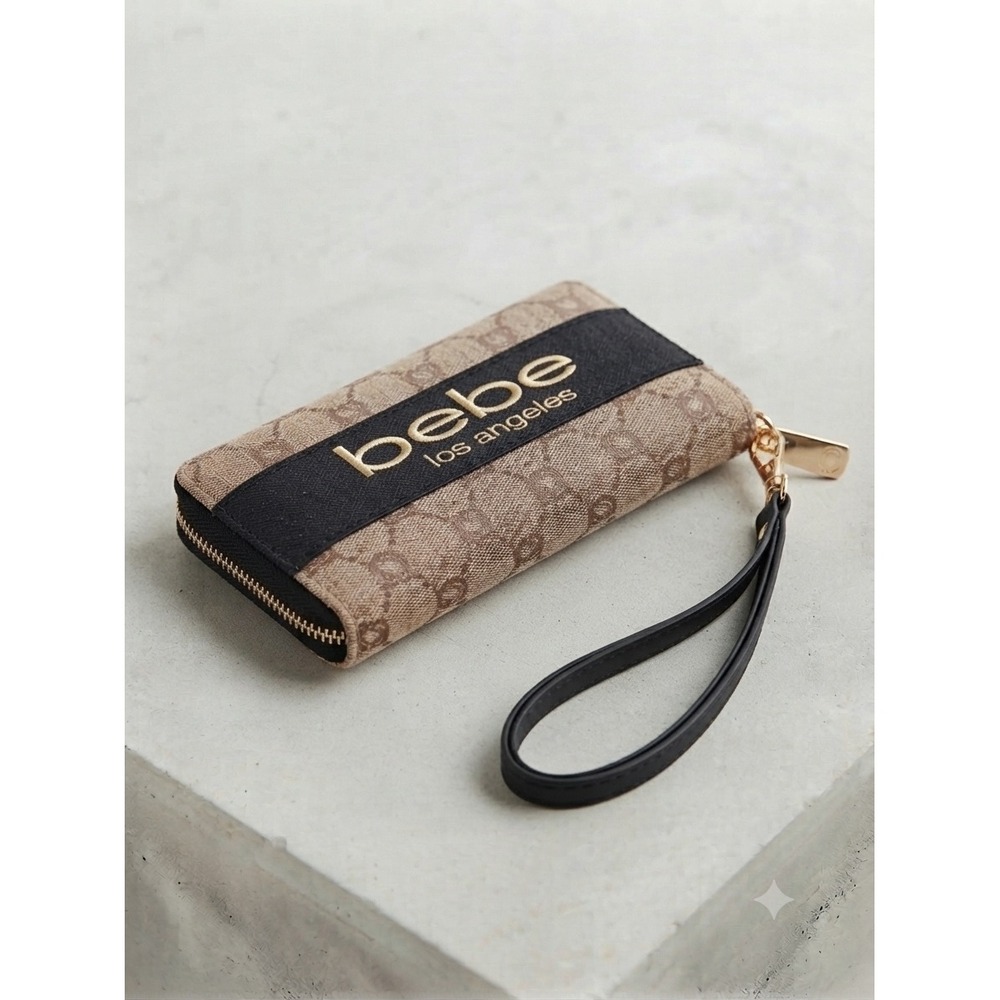 Bebe Los Angeles Wristlet Wallet Monogram Canvas Tan Black Gold Zip Around